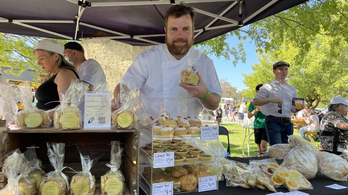 Celtic Bakery: Ken Morrison, his sister Jasmin Morrison and nephew Jack bought rarely seen treats to Bendigo from Campbellfield. The stall offered bakewell tarts, potato bread and Eccles cake. Picture: JULIEANNE STRACHAN