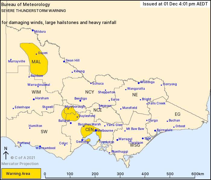 A severe weather warning has been issued for areas north of Ballarat. Map: Bureau of Metreology 
