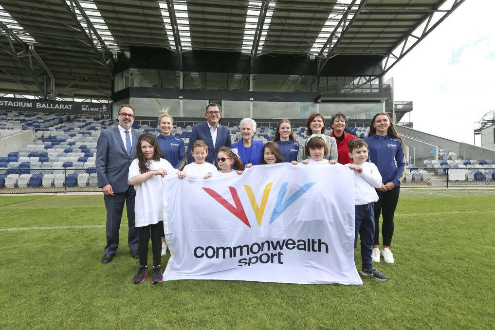 Premier Daniel Andrews (third from the left, back), announcing the Commonwealth Games 2026 at Mars Stadium in April 2022. Picture: Adam Trafford