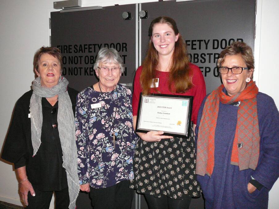 L-R Naidene Parry (president) Ann Horrocks, Evelyn Crawford (recipient)
and Robyn Williams (major sponsor). Picture: SUPPLIED