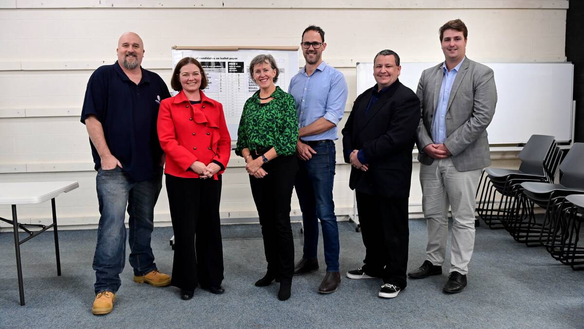 GAME ON: Election candidates James Laurie, Lisa Chesters, Cate Sinclair, Matt Bansemmer, Ben Mihail and Elijah Suares (missing - Darin Schade LNP). Picture: BRENDAN MCCARTHY
