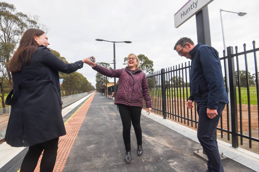 ON TRACK: Premier Daniel Andrews and Deputy Premier Jacinta Allan visited Huntly station in early June to mark its completion. Picture: DARREN HOWE