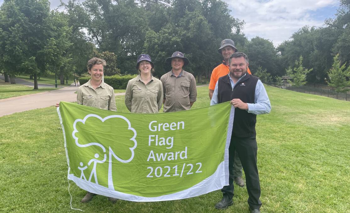 Parks Coordinator Ozzie Hogan (right) and horticulturalists Jessica, Eliza, Paul and Ryan. Picture: NEVE BRISSENDEN