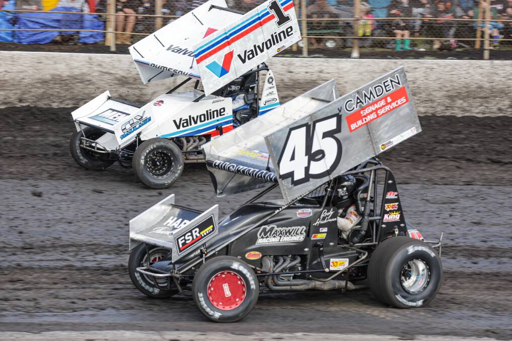 Rusty Hickman (front) in action at Premier Speedway during the 2023 Grand Annual Sprintcar Classic. Picture by Sean McKenna