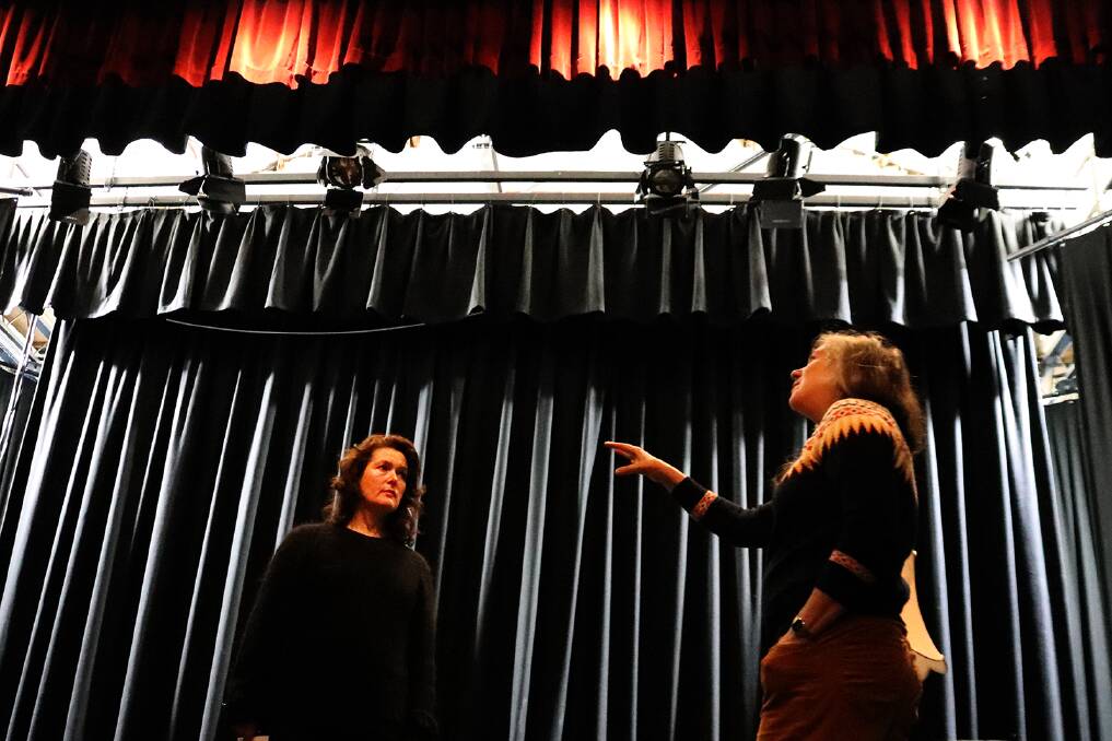 LIGHTS, CAMERA, ACTION: Kate Stones and Rebecca Barnett at rehearsal for Gibbo at The Phee Broadway Theatre, Castlemaine. Picture: Supplied.