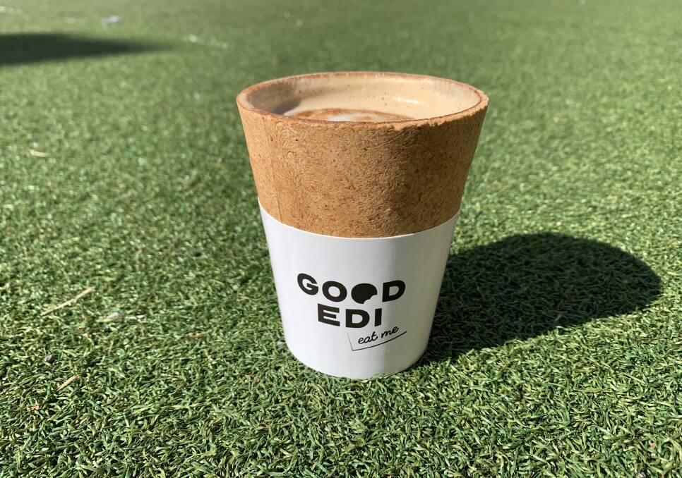 BIODE-TASTIBLE: Bendigo's Beechworth Bakery has teamed up with Good Edi to serve coffee in edible cups. Picture: PETULA BOWA 