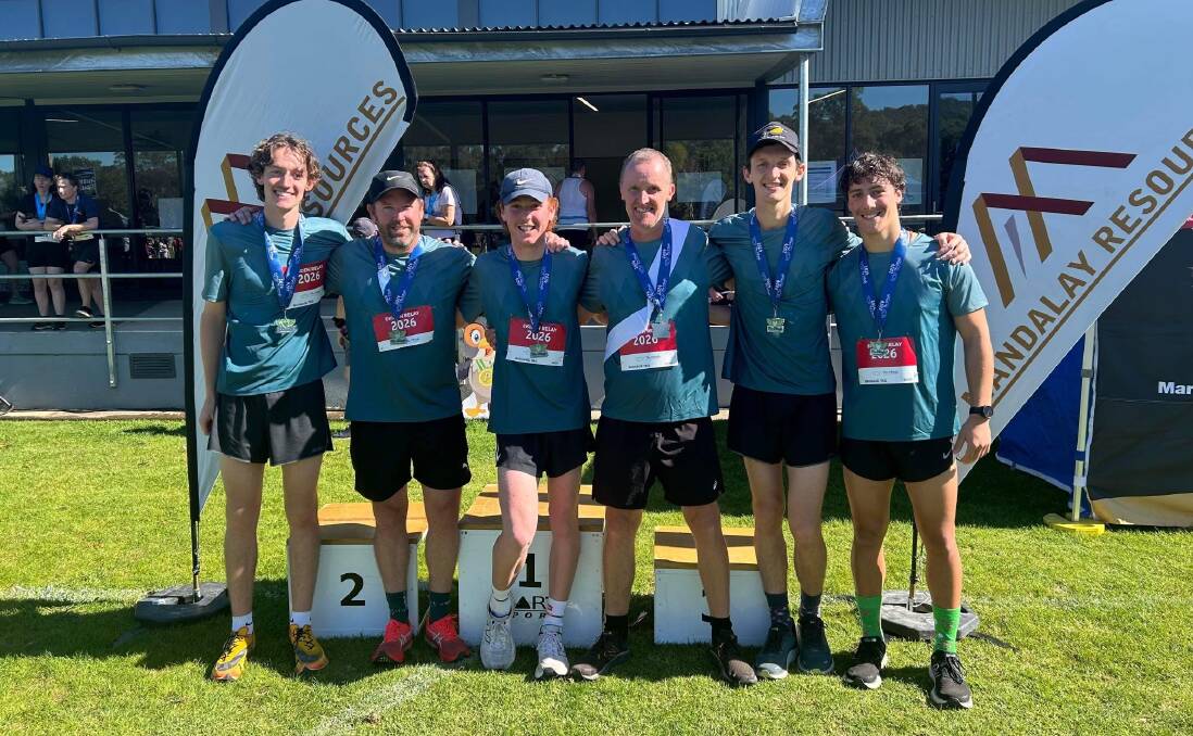 'Not really runners' Ekiden relay winners the combined family team of Josh, Paul and Kade Christensen and Steve and Liam Hutchinson and Sam Collins. Picture supplied