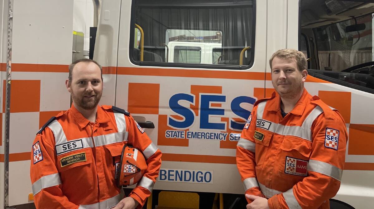 Bendigo SES volunteers Braden Verity (left) and Trent Ross recount their life-saving rescue of a woman trapped in floodwaters.