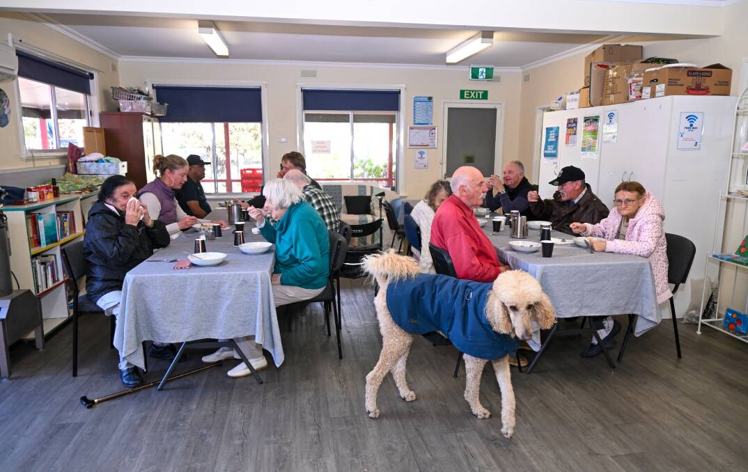 Popcorn the resident poodle wanders among people who sat down to a community lunch at Eaglehawk this week. Picture by Enzo Tomasiello