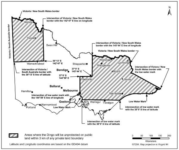 Agriculture Victoria map showing the areas where the Dingo is unprotected on public land within 3 kilometres of any private boundary.