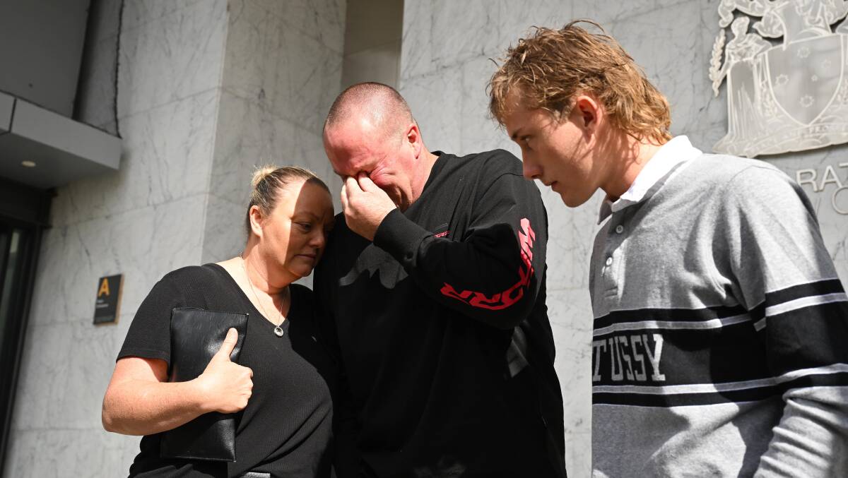Family members of victim Hannah McGuire are seen as lawyer Brooke Tamanika (not pictured) speaks to media outside of the Ballarat Magistrates Court in Ballarat. (AAP Image/James Ross) 
