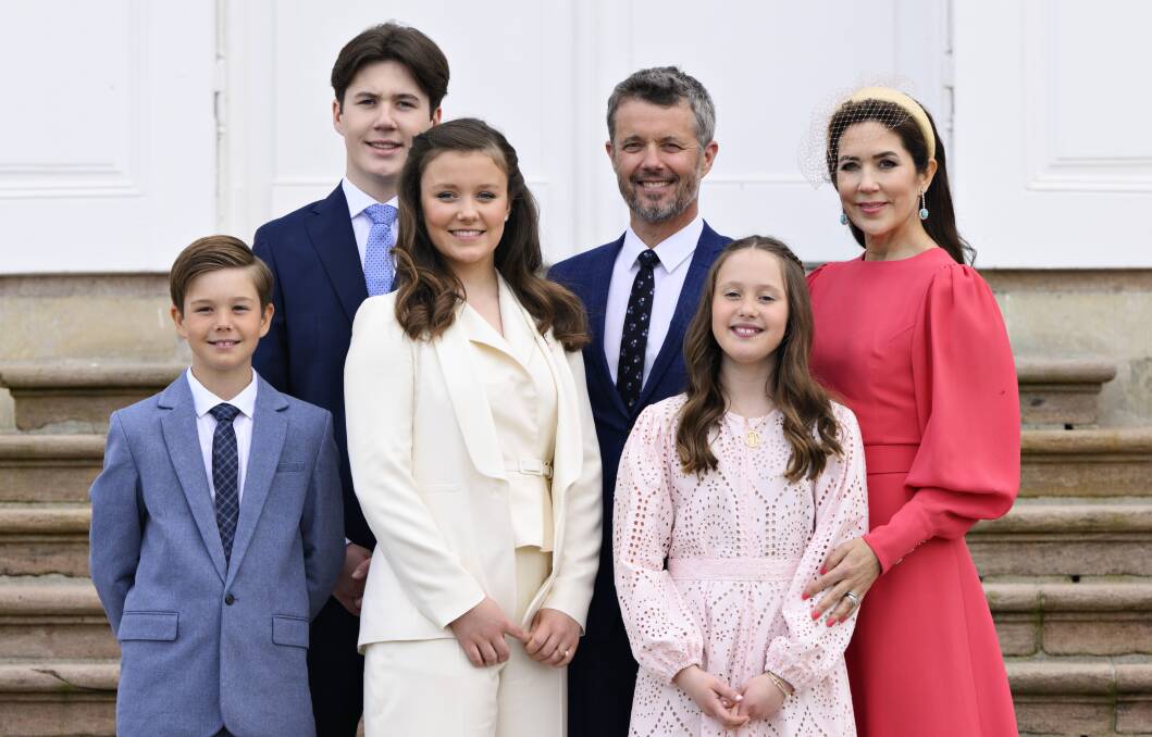 From left, Denmark's Prince Christian, Prince Vincent, Princess Isabella, Crown Prince Frederik, Princess Josephine and Crown Princess Mary in 2022. (Philip Davali/Ritzau Scanpix via AP)