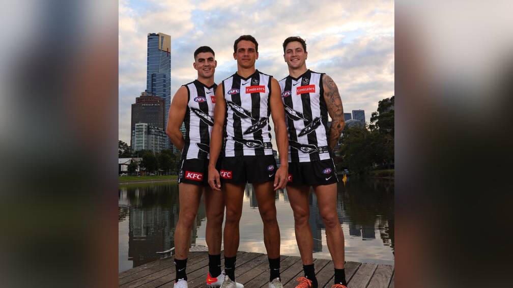 CULTURE: Troi-Saraih Ilsley and Tyson Austin's guernsey depicted shedding magpie feathers to represent a changing time for the club. Picture: Collingwood Football Club 