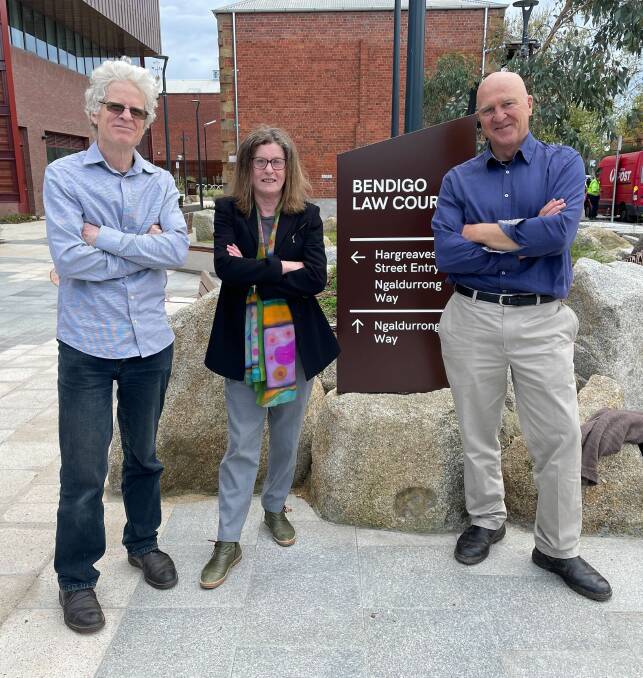 Climate protest trio: Bernard Tonkin, Laura Levetan and Dean Bridgfoot front Bendigo Magistrates' Court on Monday. Picture by Lucy Williams 