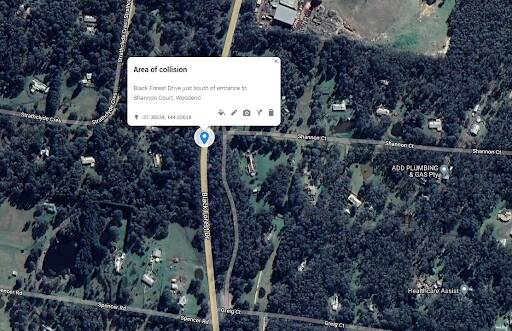 Area of collision just south of entrance to Shannon Court along Forest Hill Drive in Woodend. Picture by Google Maps 