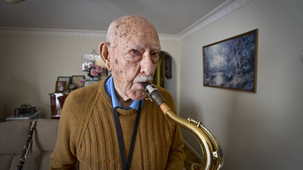 MUSIC: retired policeman Ivan Whyte celebrates 90-years, including 27 as a member of local Evergreen Band for retired musicians. Picture: Noni Hyett