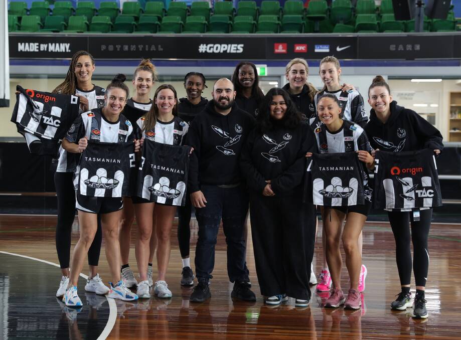 STYLE: Tyson Austin and Bendigo-raised Troi-Saraih Ilsley produced the Collingwood dresses and guernseys for the netball and football club for recent Indigenous round games. Picture: Collingwood Netball Club 