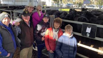 FAMILY: Simon Archer, Brian Costello, Penny, Annabel and Oli Archer, Julia Holmes and Hughie Archer, Euroa, sold this pen of 13 Angus steers, 345kg, for $2060 or 597c/kg. 