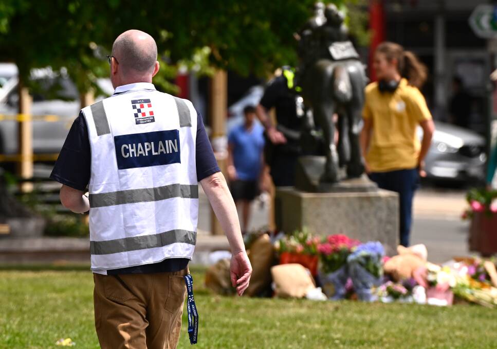 At l;east four chaplains were at the corner of Albert and Vincent streets Daylesford on Monday, speaking to traumatised locals - including many civilians who were first at the scene. Picture by Adam Trafford.