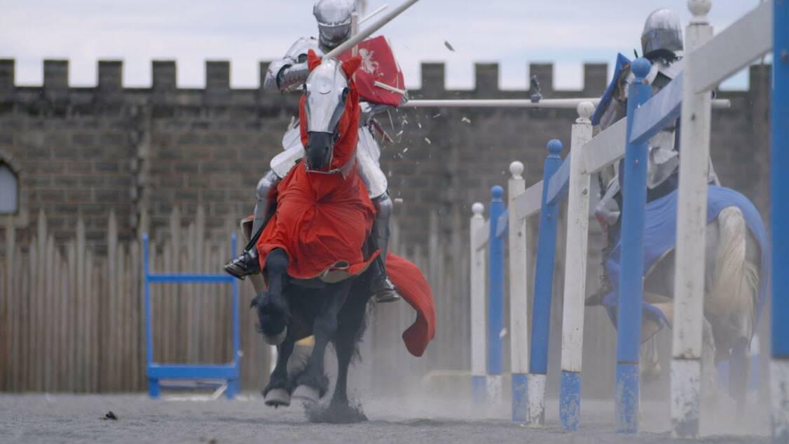 ACTION: World Jousting champ Phil Leitch (Sir Simon) was part of the cast during filming in 2017. Filmmakers now want to hold a screening of the finished product in the Kryal Castle arena.