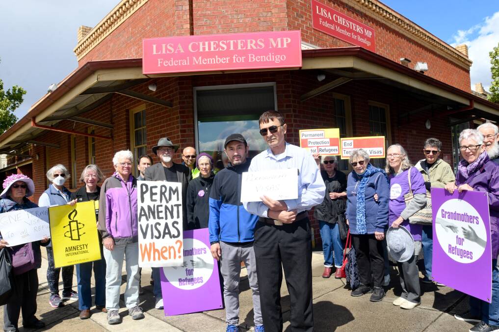 Amnesty Bendigo, Rural Australians for Refugees, Grandmothers for Refugees with Hussain Sultani and Mohammed Zaman outside MP Lisa Chesters' office on Friday, calling for an end to temporary visas.. Picture by Noni Hyett 