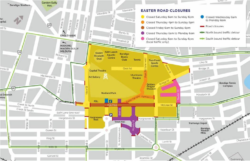 A map of road closures. Image by Bendigo Easter Festival organisers.