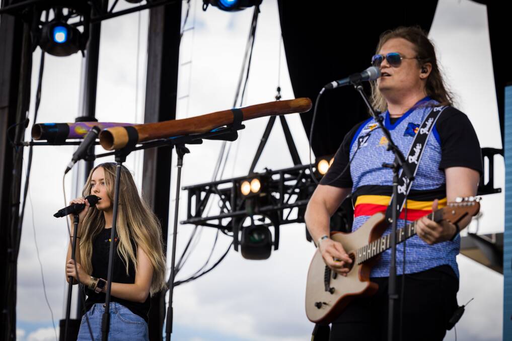 Scott Darlow (right) and Kathy Chambers performing at Shepparton's Treaty Day Out in February. Picture by Kathy Chambers