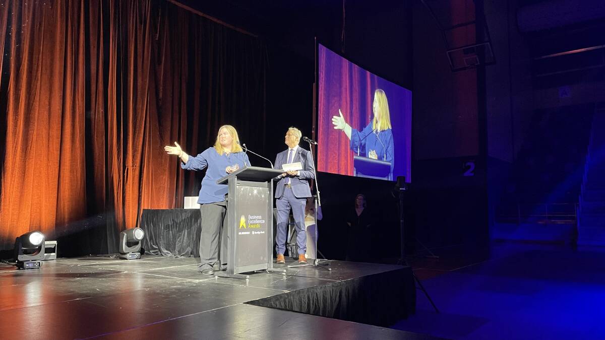 Founder of Flash Farm Kristy Kemp accepts the award for the not-for-profit category at the 2023 Bendigo Business Excellence Awards. Picture by Jonathon Magrath