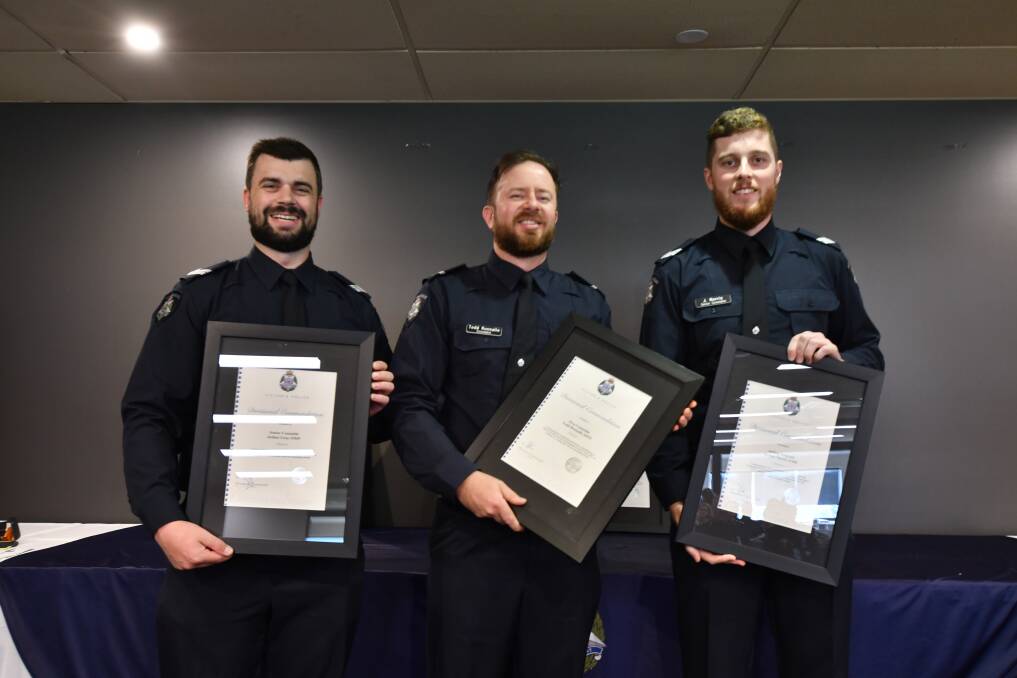 Senior constable Joshua Gray, first constable Todd Runnels and acting sergeant Jordan Norris were commended for excpetional performance and dedication to duty. Picture by Jonathon Magrath