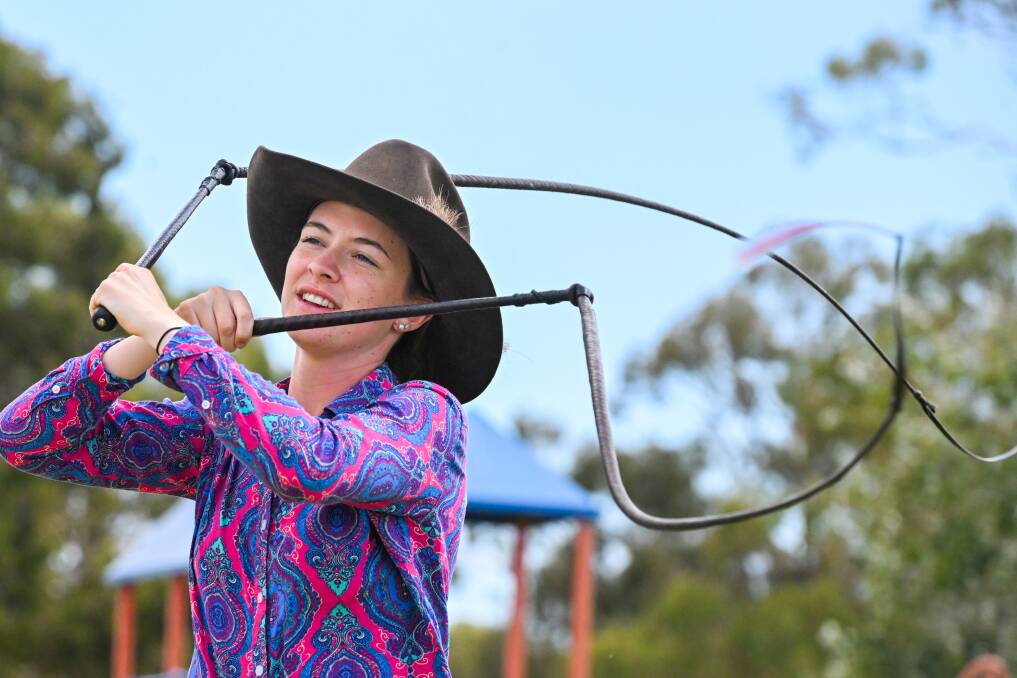 Whip-cracker Kiera Buzza shows her skills at the Lost Trades Fair 2023. Picture by Darren Howe