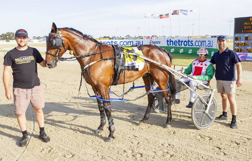 Armstrong trainer Leroy O'Brien, driver Chris Alford and part-owner Trevor Peacock with 2yo gelding Always Be Blakey after his impressive 18m victory in slick time at Melton on Thursday, November 23. Picture supplied