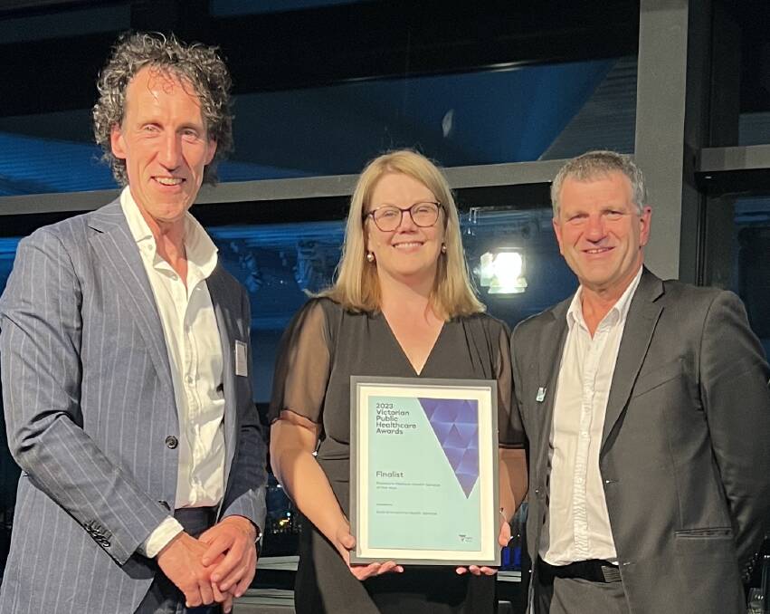 EGHS chief executive Nick Bush, community liaison Jodie Holwell and director of development and improvement Mario Santilli at the Victorian Public Health Care Awards at the Glasshouse in Melbourne. Picture contributed