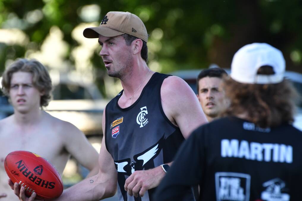 Michael Hartley takes charge during his first training session as Castlemaine coach in November. Picture by Adam Bourke