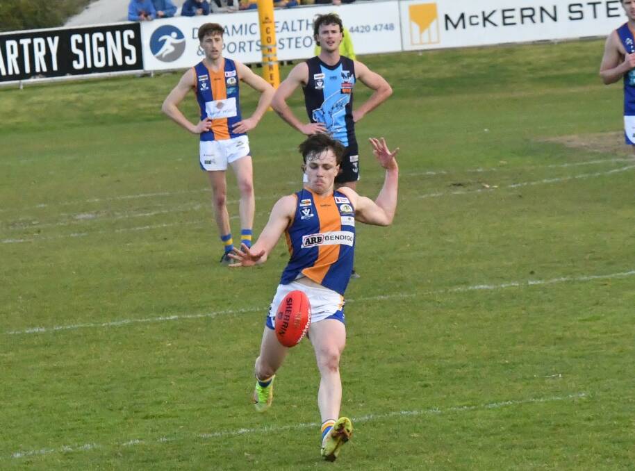 Jack Stewart kicking the Bulldogs only goal of the third term. Picture by Luke West 