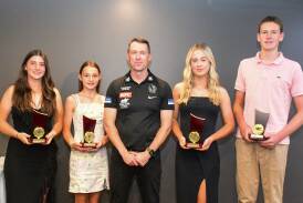 Sophie Hughes (left), Amelia Mitrovic, Craig McRae, Maddie Douglas and Henry Allan. Picture by Enzo Tomasiello 