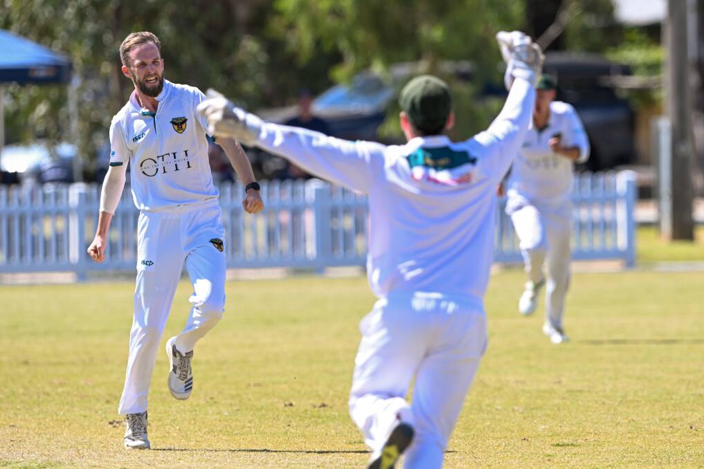 Spring Gully skipper Nick Skeen celebrates an early wicket on day one of the EVCA first XI grand final: Picture by Enzo Tomasiello