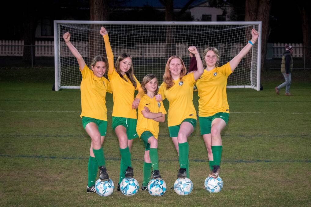 Castlemaine Goldfields' players Isabelle Hubbert, Eva Bird, Marilla Faircloth, Bridget Tolland, Maija Bendrups will be flag bearers at the upcoming FIFA Women's World Cup game. Picture by Brendan McCarthy 