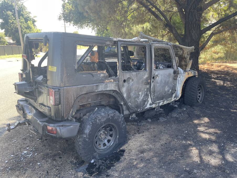 The burnt out Jeep on Hustlers Road. Picture by Gabriel Rule