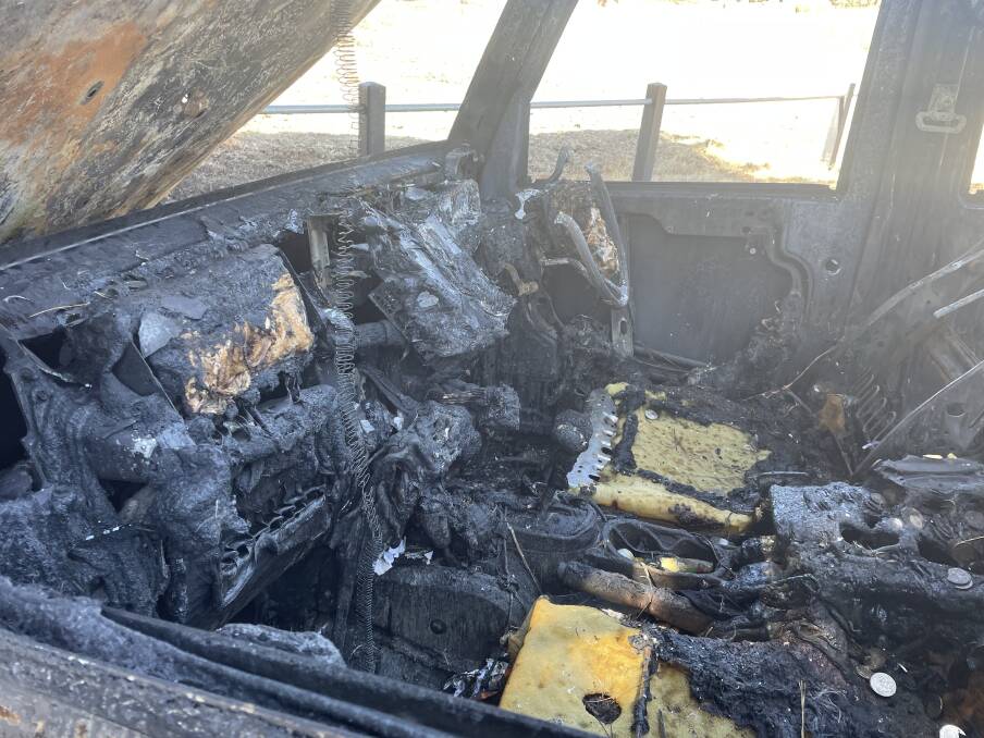 The interior of the burnt out Jeep on Hustlers Road. Picture by Gabriel Rule