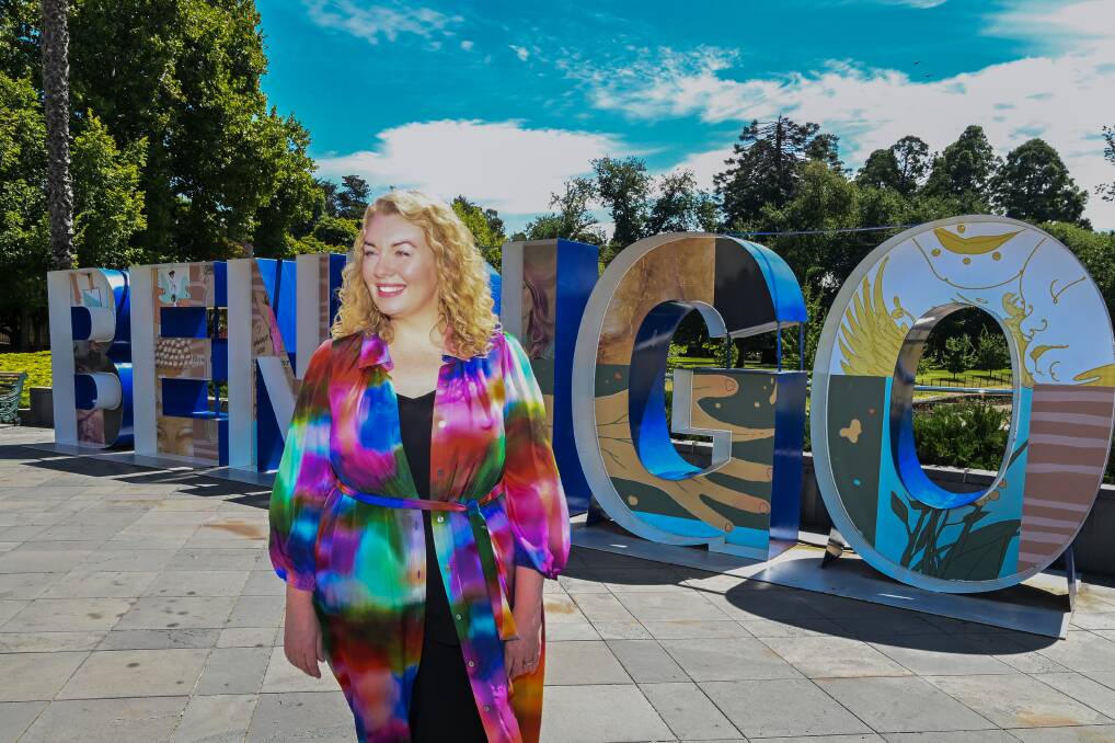 Megan Champion at the transformed Bendigo letters for International Women's Day 2024. Picture by Enzo Tomasiello