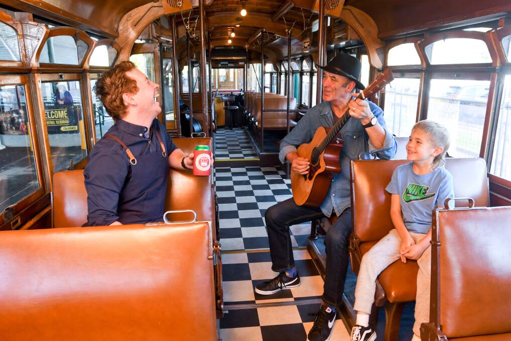 Jacob Amarant, Chris DeAraugo and George Dewhurst on the Groove Tram. Picture by Noni Hyett 