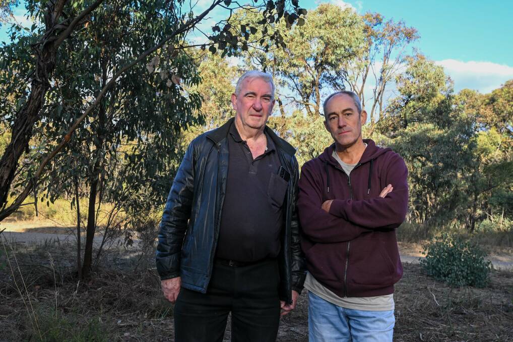 Michael Barkla and Ken Wellard stand on a section of Whipstick State Forest scheduled for a fuel reduction burn. Picture by Enzo Tomasiello