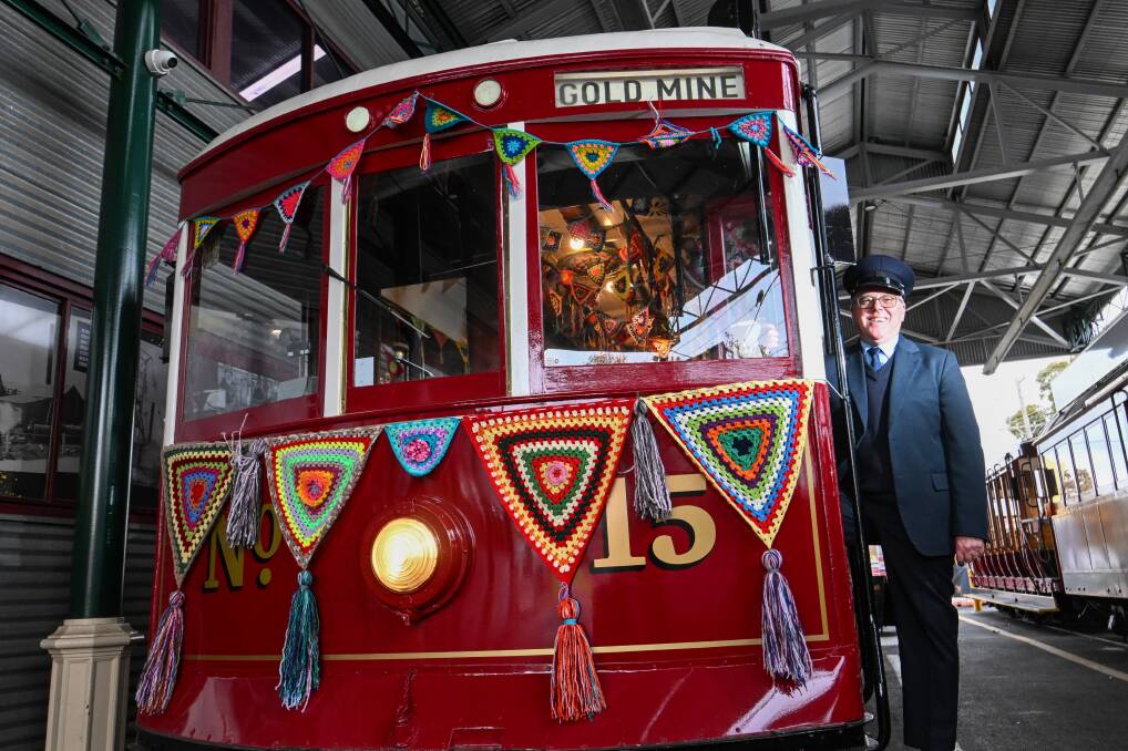 Driver Chris Pollard with the Yarn Bomb Tram. Picture by Darren Howe