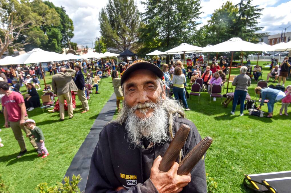 Dja Dja Wurrung Elder Rick Nelson on stage at the Australia Day/Survival Day ceremony in Castlemaine. Picture by Darren Howe