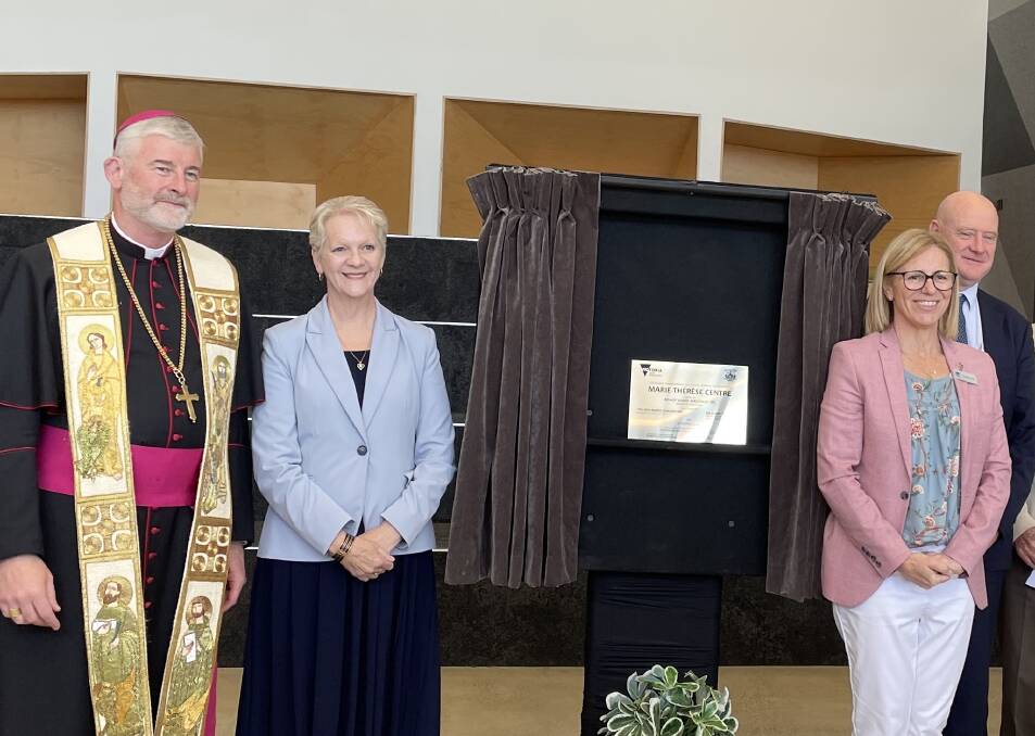 Bishop Shane Mackinlay. Maree Edwards and Giselle Talbot at the opening of Marist College's new building. Picture by Georgina Sebar