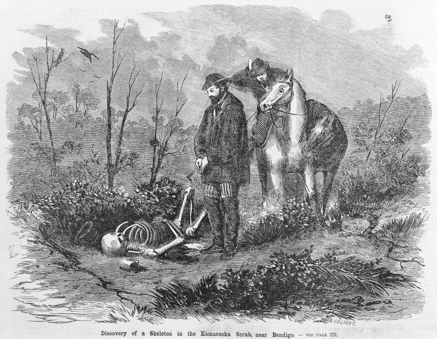 PART OF LIFE: Samuel Calvert's wood engraving Discovery of a skeleton in the Kamarooka scrub, near Bendigo 1866. Reproduction courtesy State Library Victoria