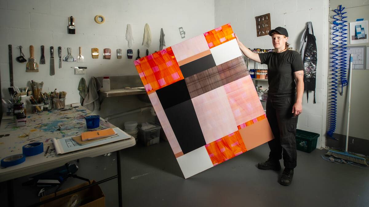 Emma Beer with her shortlisted work Peachtime, 2021, in her Dickson studio on Thursday. Picture: Karleen Minney
