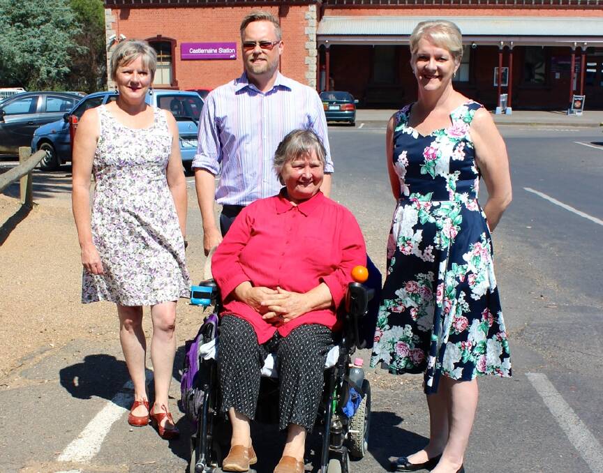 All aboard: Sharon Telford (left), Jason Taylor and Lorraine Le Plastrier with Maree Edwards (right) at Castlemaine Station. Picture: CONTRIBUTED