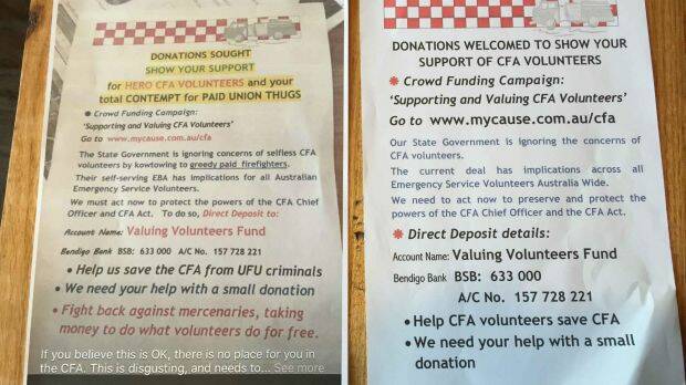 The inflammatory flyer circulating in Bendigo (left) compared with the Volunteer Fire Brigades Victoria official fundraising leaflet.