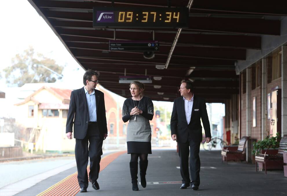 Public Transport Minister Jacinta Allan with Public Transport Victoria project manager Richard Willing and V/Line regional manager Jonathan McKeown. Picture: GLENN DANIELS